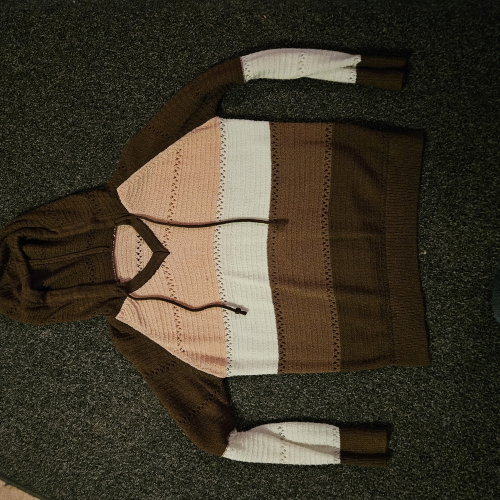 Striped Knit Hoodie - Brown, Pink, White